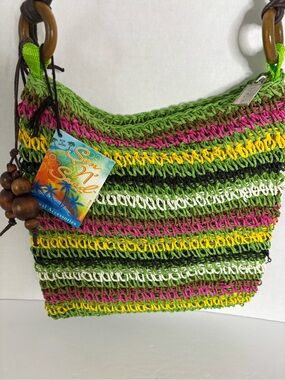 Sun and Sand Multicolor Crochet Shoulder Bag in Green, Pink, Yellow, Black,White